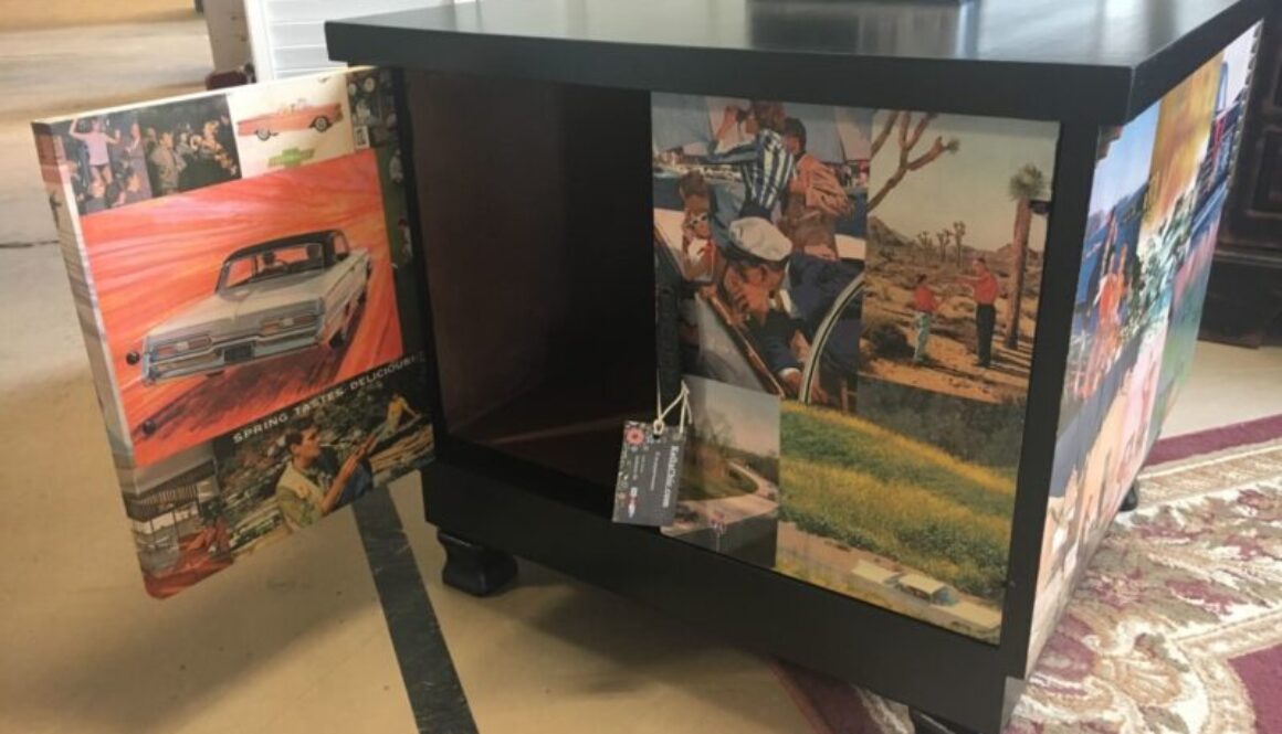 Decoupage furniture vintage using magazine ads