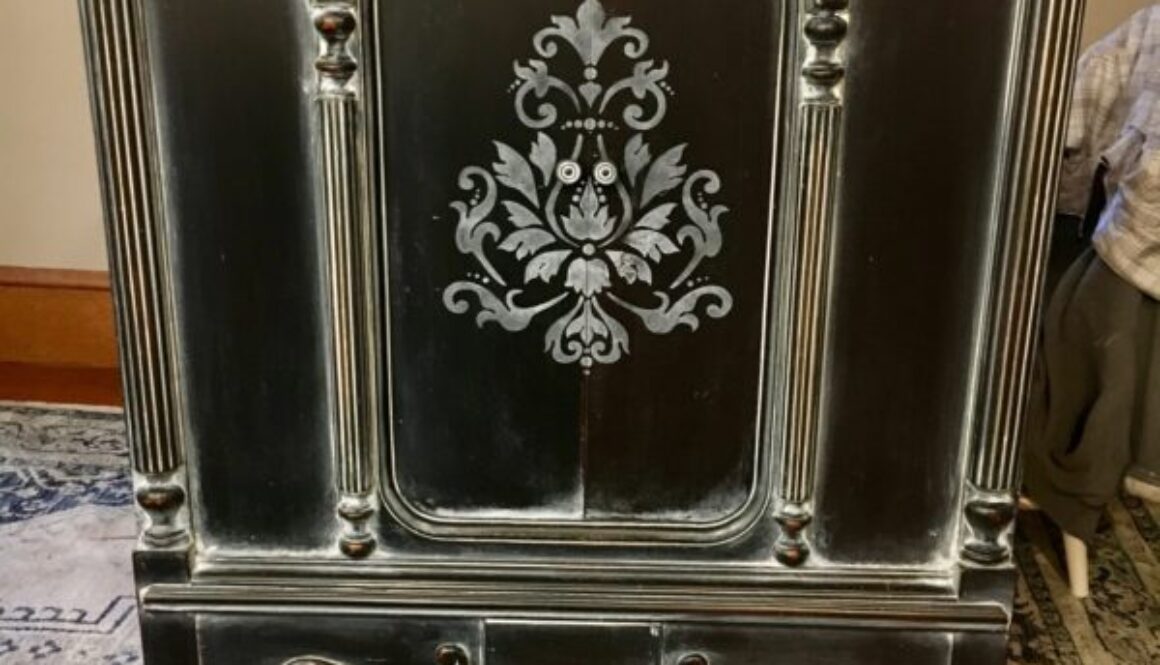 Antique Radio Cabinet Black with White Glaze