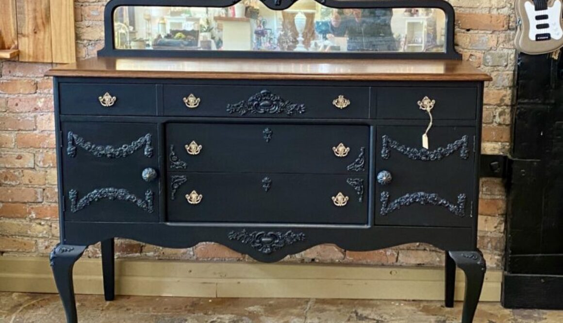 painted antique 4 legged buffet black paper clay mirror